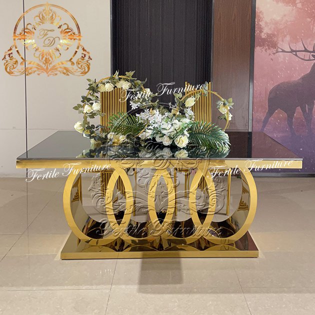 Mirror Glass Top Gold Stainless Steel Metal Frame Four Circle Event Wedding Banquet Design Sweetheart Dinning Table Base
