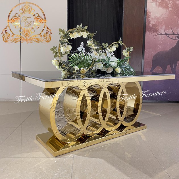 Mirror Glass Top Gold Stainless Steel Metal Frame Four Circle Event Wedding Banquet Design Sweetheart Dinning Table Base