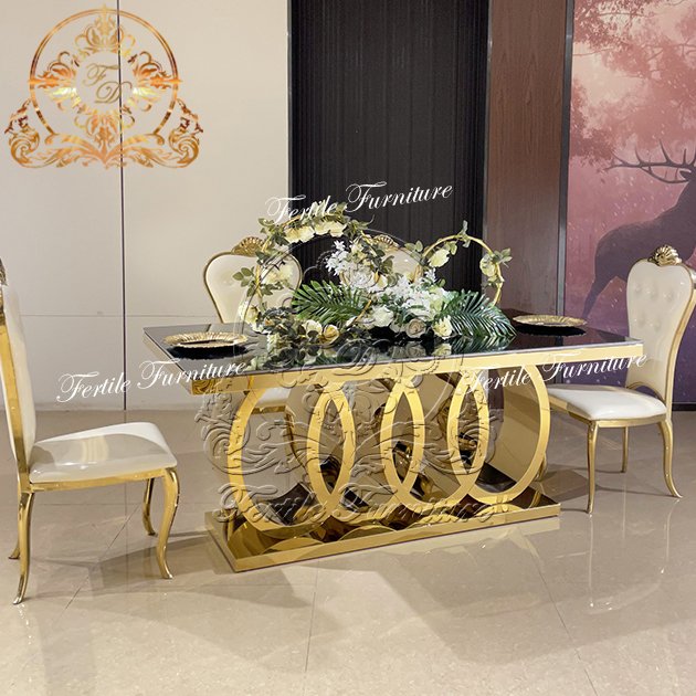 Mirror Glass Top Gold Stainless Steel Metal Frame Four Circle Event Wedding Banquet Design Sweetheart Dinning Table Base