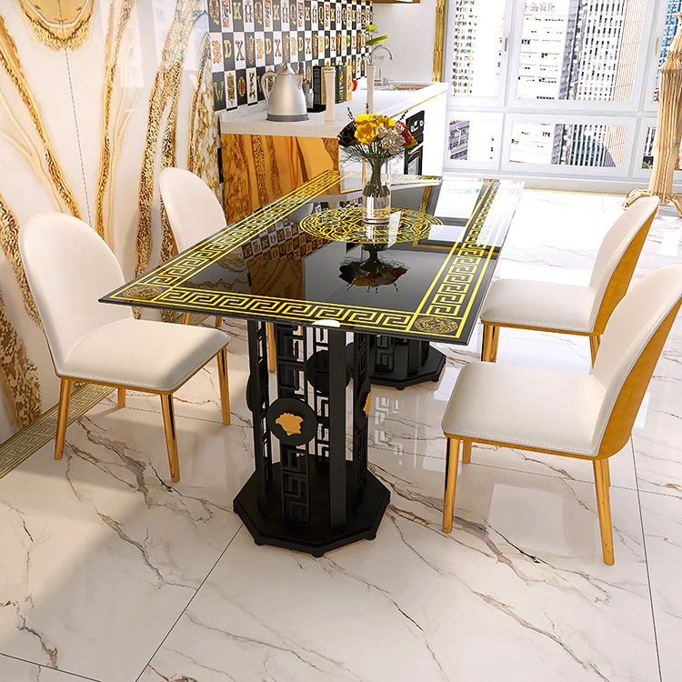 Luxury black gold large sintered stone dining room table furniture designer classic italian modern 6 seater dining table set