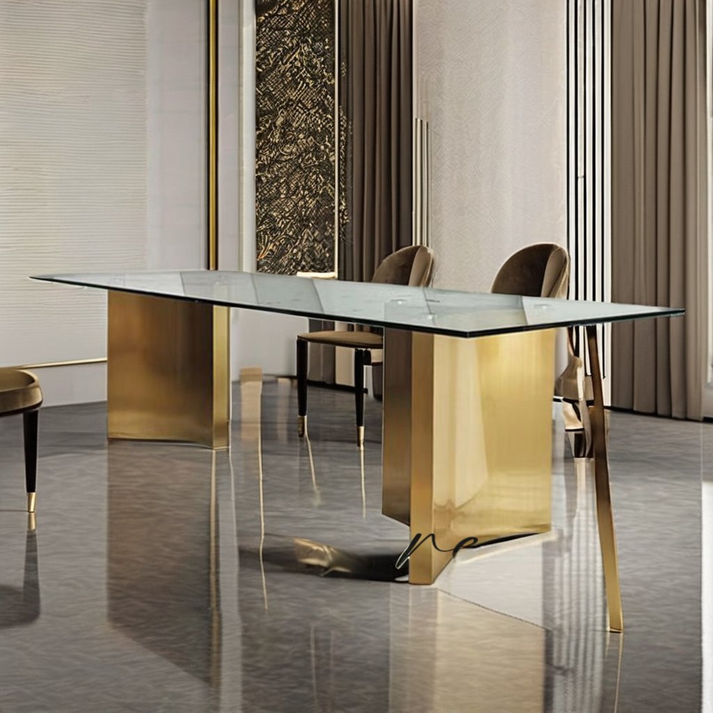 Luxury Furniture Dining Table Set with Brass Base and Steel Tempered Glass New Design for Hotel Living Room or Hall