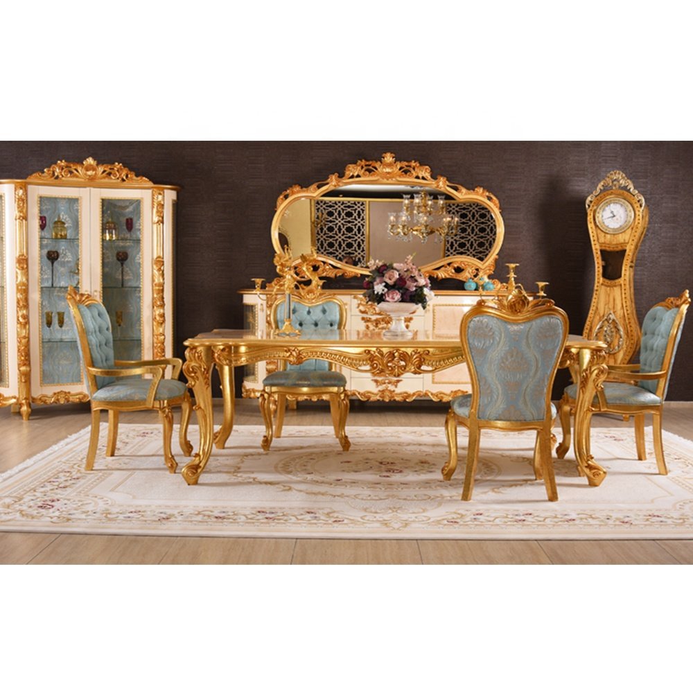 Classic royal wood material eating are decor antique dinner room furniture set 8 seater gold foil dining table with chairs