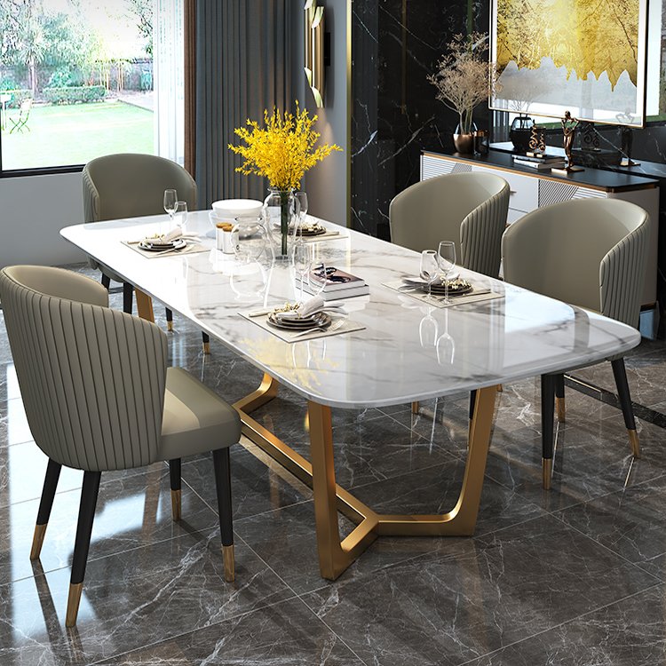 Furniture gold stainless steel and rock table 6 Chairs Modern Dining Table and Chairs Set Wholesale OEM Customized Style