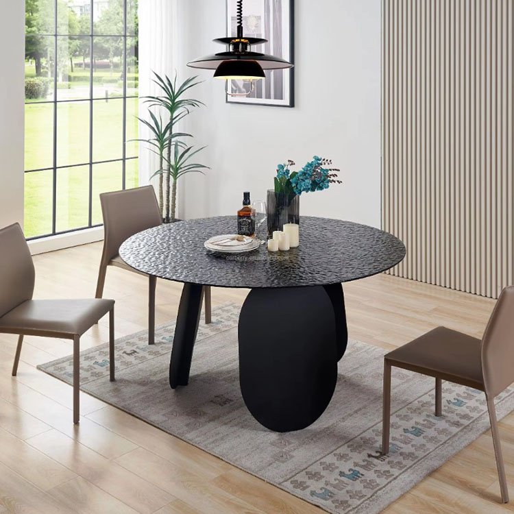 bronze fused glass top circle dining room table and chairs set for 6