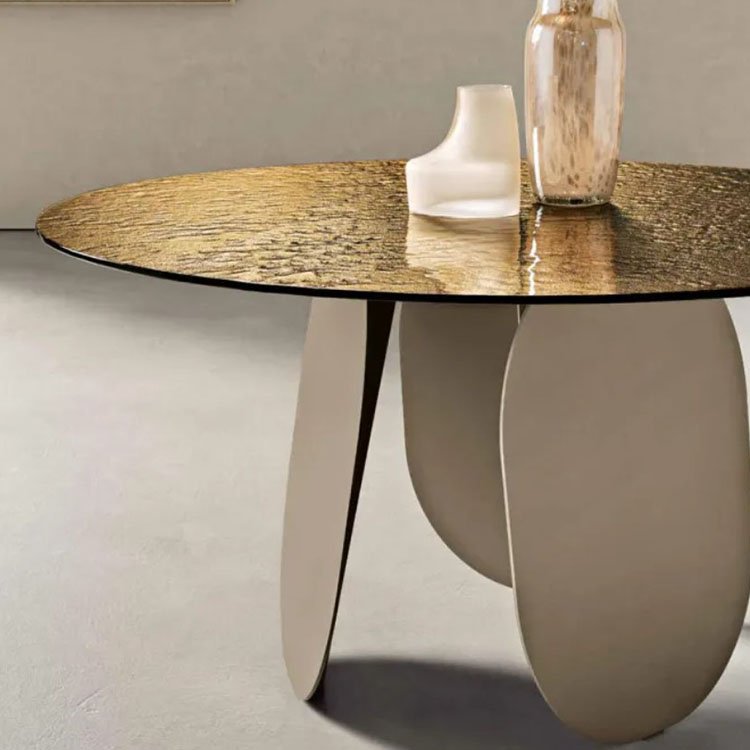 bronze fused glass top circle dining room table and chairs set for 6