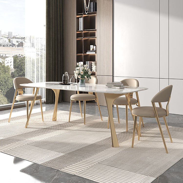 white sintered stone top stainless steel small dining table set for 4 chairs
