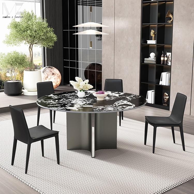 Luxury Kitchen Table Black Steel Base Sintered Stone Marble 4 Chairs Round Dining Table Set With Rotating Centre