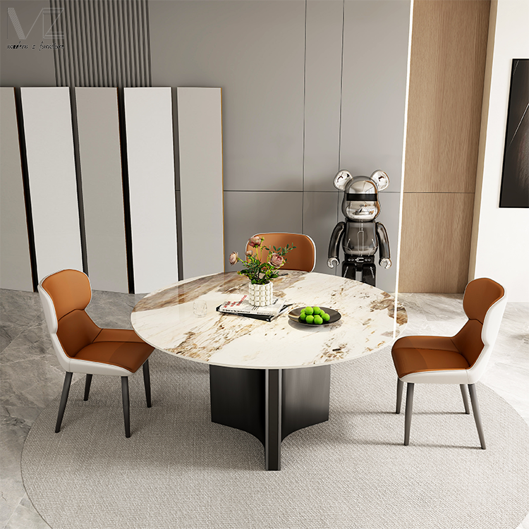 Luxury Kitchen Table Black Steel Base Sintered Stone Marble 4 Chairs Round Dining Table Set With Rotating Centre