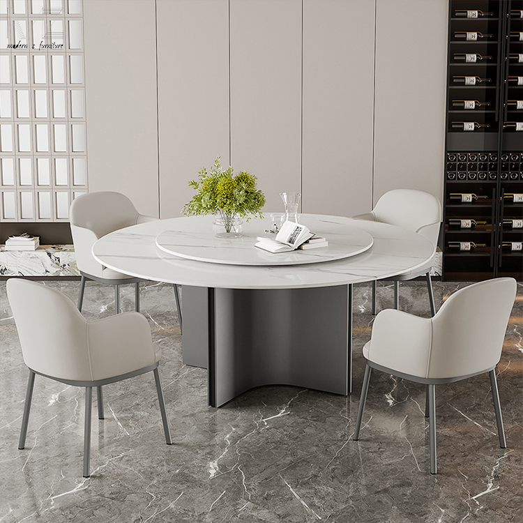 Luxury Kitchen Table Black Steel Base Sintered Stone Marble 4 Chairs Round Dining Table Set With Rotating Centre