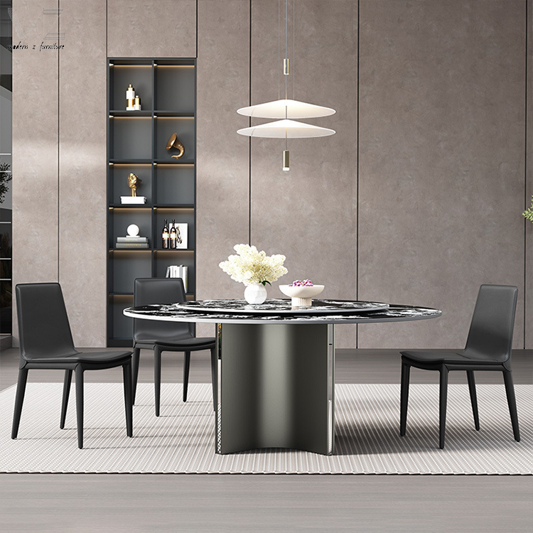 Luxury Kitchen Table Black Steel Base Sintered Stone Marble 4 Chairs Round Dining Table Set With Rotating Centre