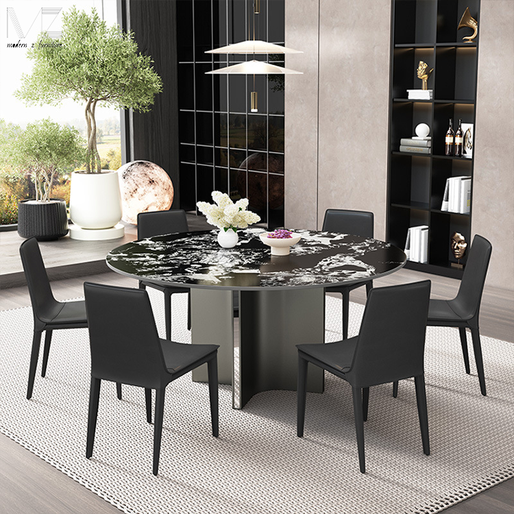 Luxury Kitchen Table Black Steel Base Sintered Stone Marble 4 Chairs Round Dining Table Set With Rotating Centre