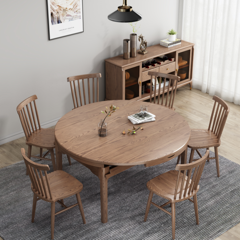 Chinese Furniture Folding All Solid Wood Round Table and Chair Combination Apartment Dining Table Set