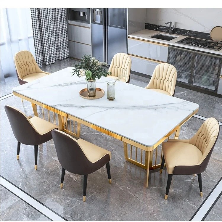 Modern Slate Top Dining Table Set for Dining Room Furniture Marble Stainless Steel Luxury Home Furniture