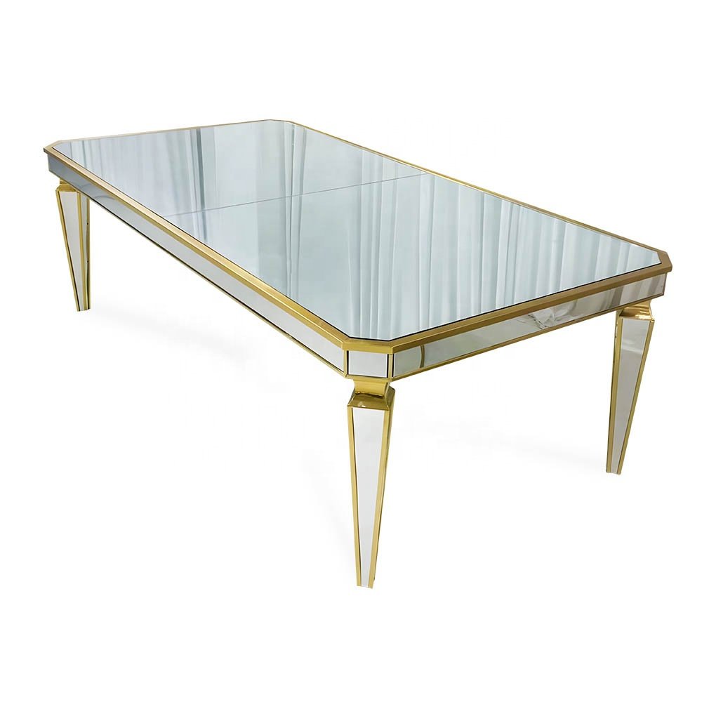 Luxury event hotel wedding dining rectangle table full mirror golden line