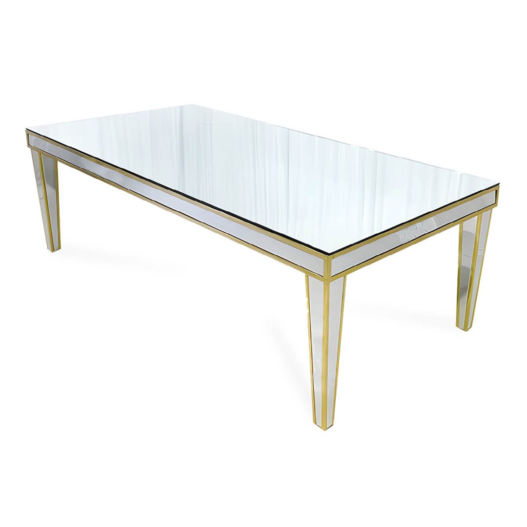 Luxury event hotel wedding dining rectangle table full mirror golden line