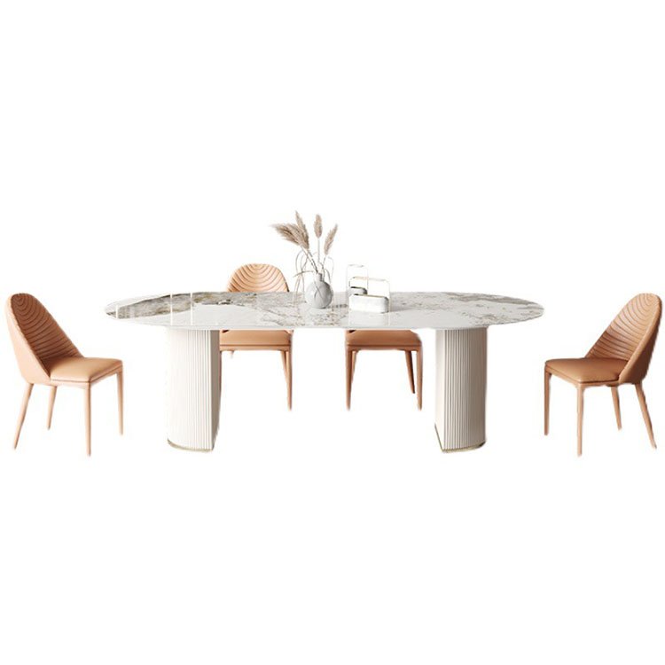 Contemporary French Style Live Edge Stone Top Dinner Table Leather Leg Style Oval Dining Table Set 6 Seater