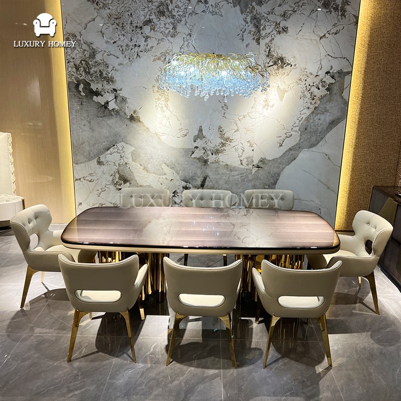 Italian high-end luxury natural wood veneer hardware base dining room furniture modern dining table set full dining room
