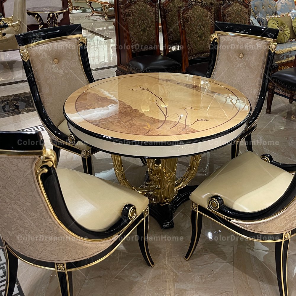 European Luxury Style Classic Dining Room Furniture 4 Seat French Wood Gold Foil Round Dining Table Set 4 Chair
