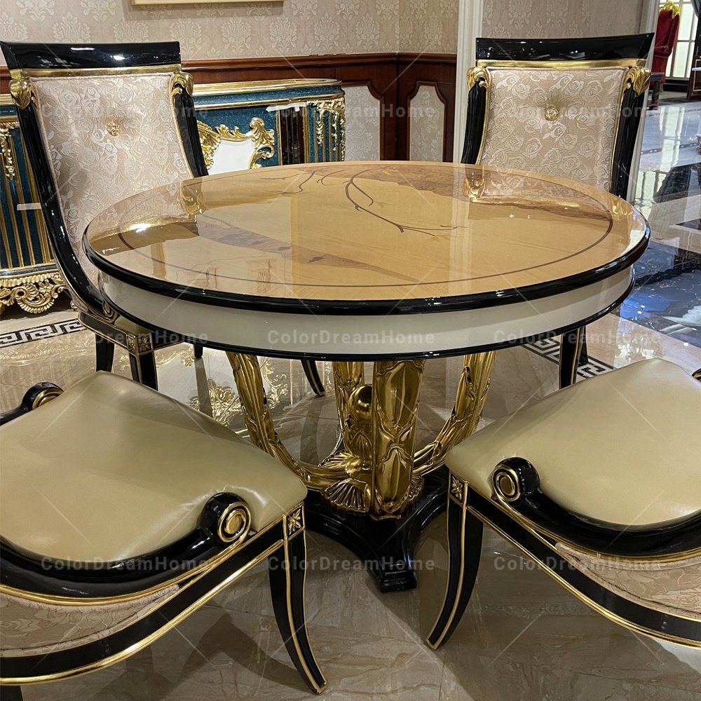 European Luxury Style Classic Dining Room Furniture 4 Seat French Wood Gold Foil Round Dining Table Set 4 Chair
