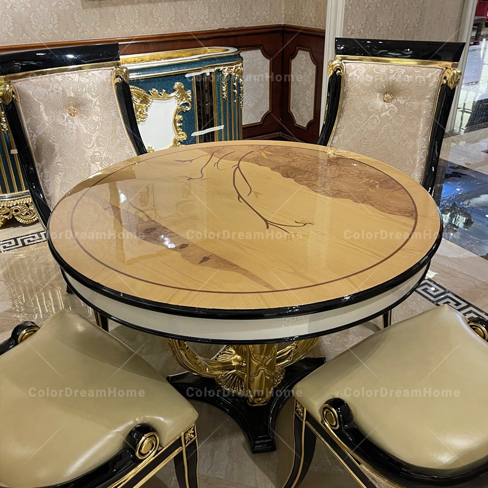 European Luxury Style Classic Dining Room Furniture 4 Seat French Wood Gold Foil Round Dining Table Set 4 Chair