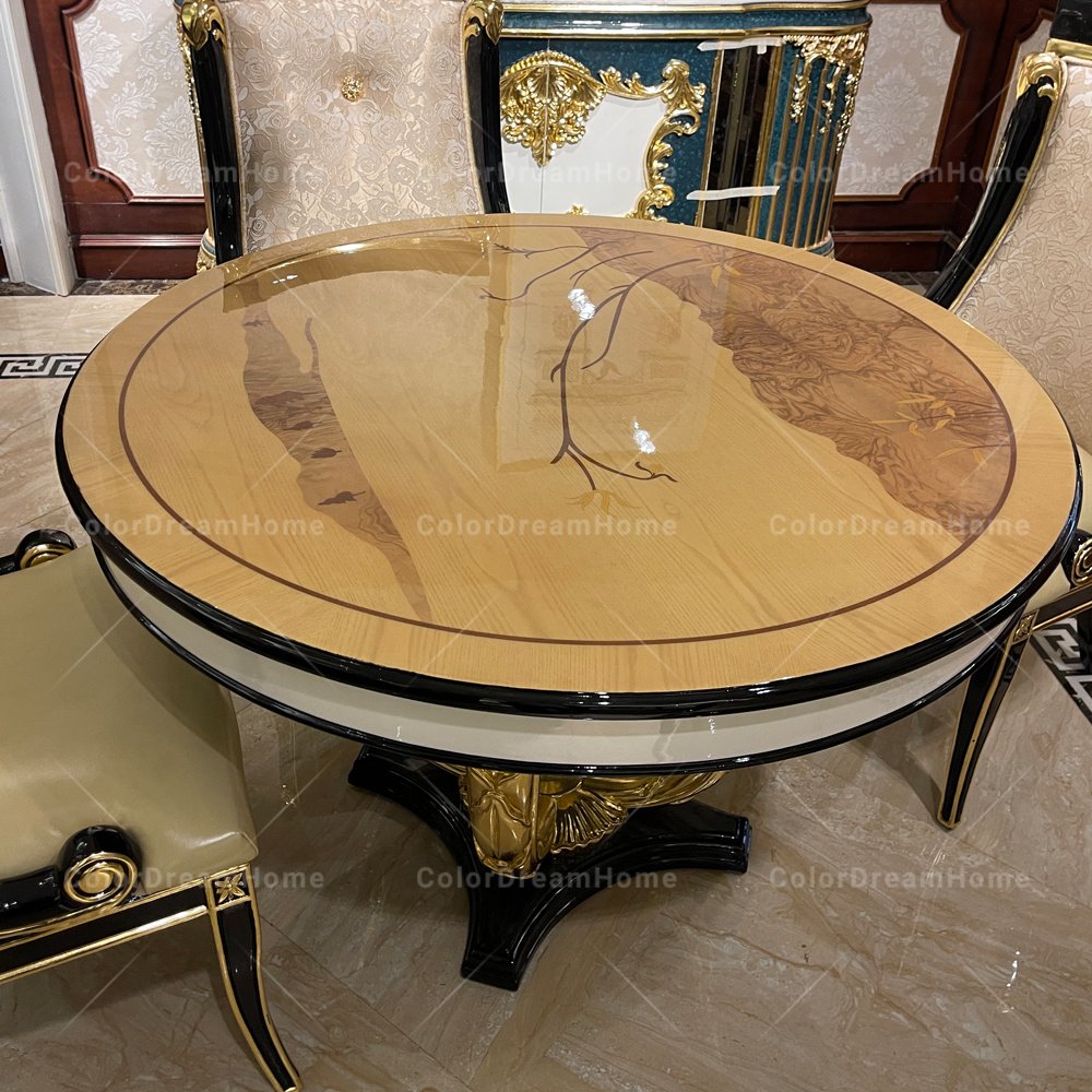 European Luxury Style Classic Dining Room Furniture 4 Seat French Wood Gold Foil Round Dining Table Set 4 Chair