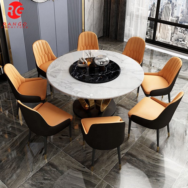 2024 Round gold dining table with rotating centre round dining table 8 seater dining room set