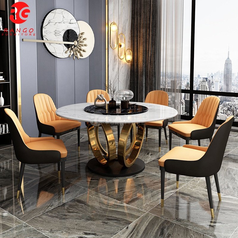 2024 Round gold dining table with rotating centre round dining table 8 seater dining room set
