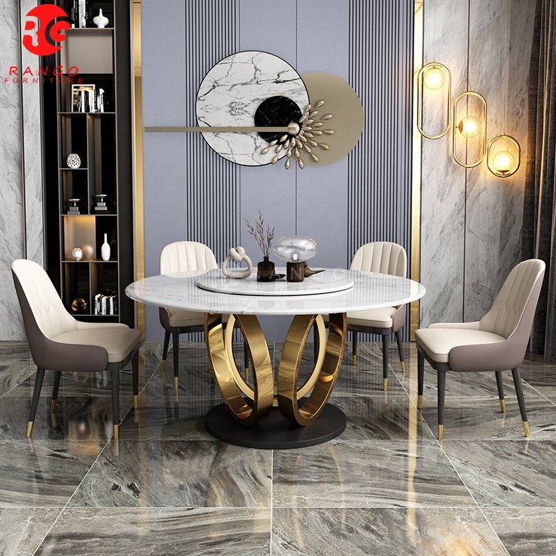 2024 Round gold dining table with rotating centre round dining table 8 seater dining room set