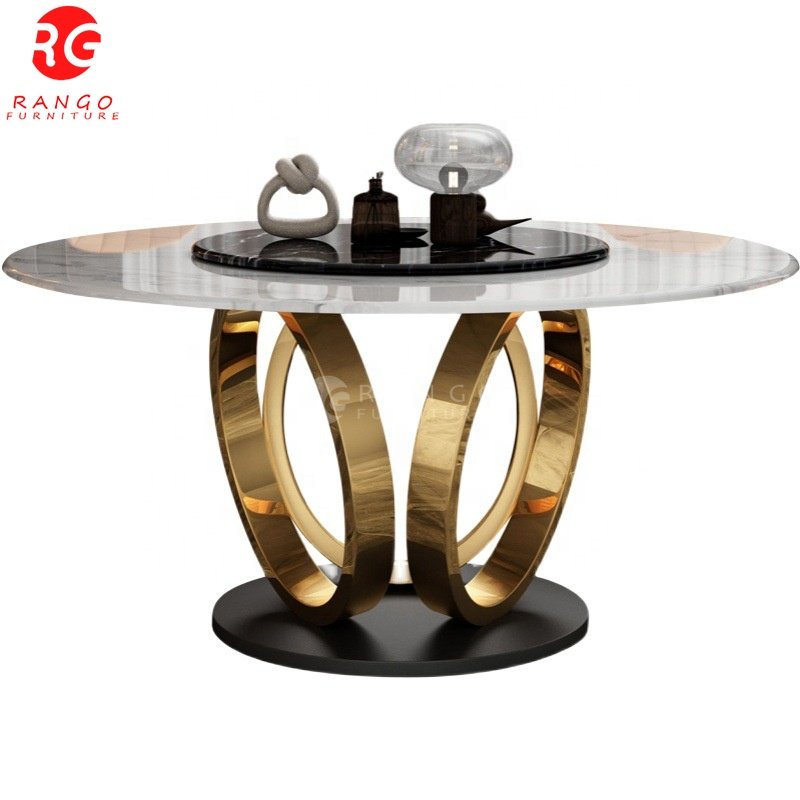 2024 Round gold dining table with rotating centre round dining table 8 seater dining room set