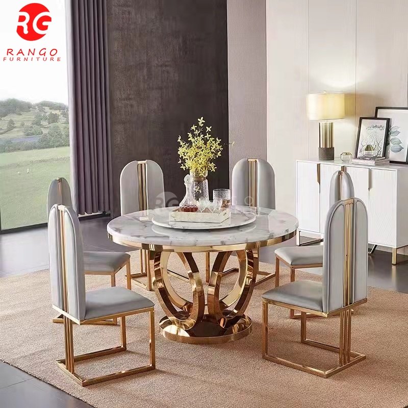 2024 Round gold dining table with rotating centre round dining table 8 seater dining room set
