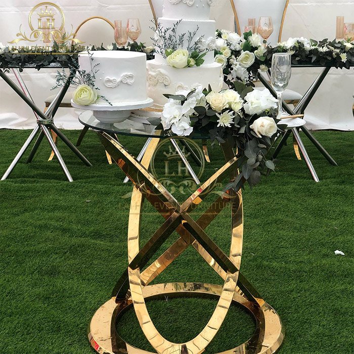Modern Hotel Glass Top Stainless Steel Gold Wedding Cake Table For Wedding Decoration
