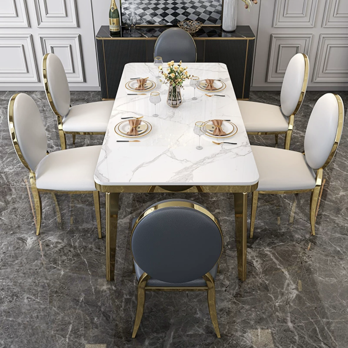 Glass Luxury Round Modern Furniture Marble Dining Table Sets With 6 Chairs