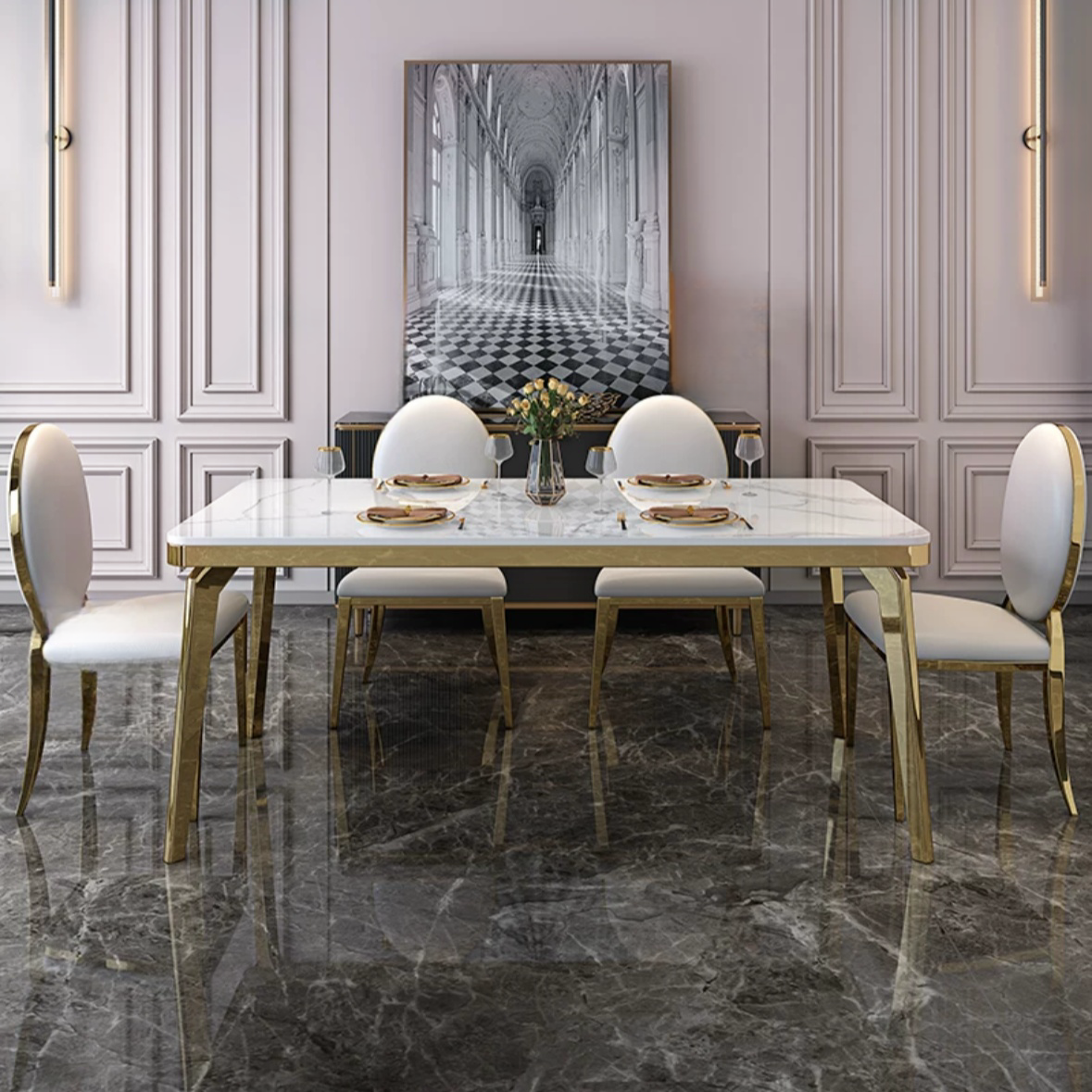 Glass Luxury Round Modern Furniture Marble Dining Table Sets With 6 Chairs