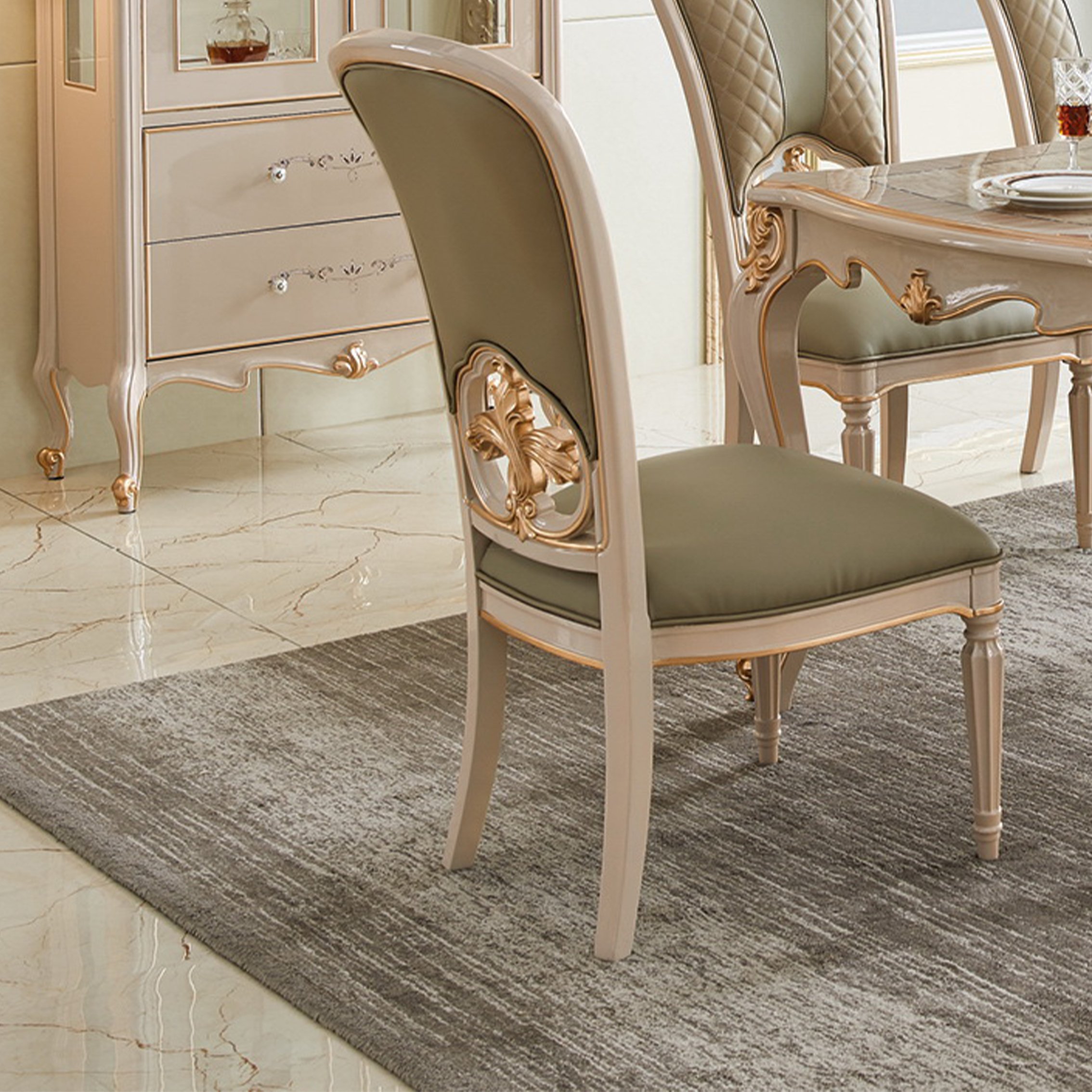 Modern new design luxury classic dining room furniture set carved solid wood marble top square dining table with 6 leather chair
