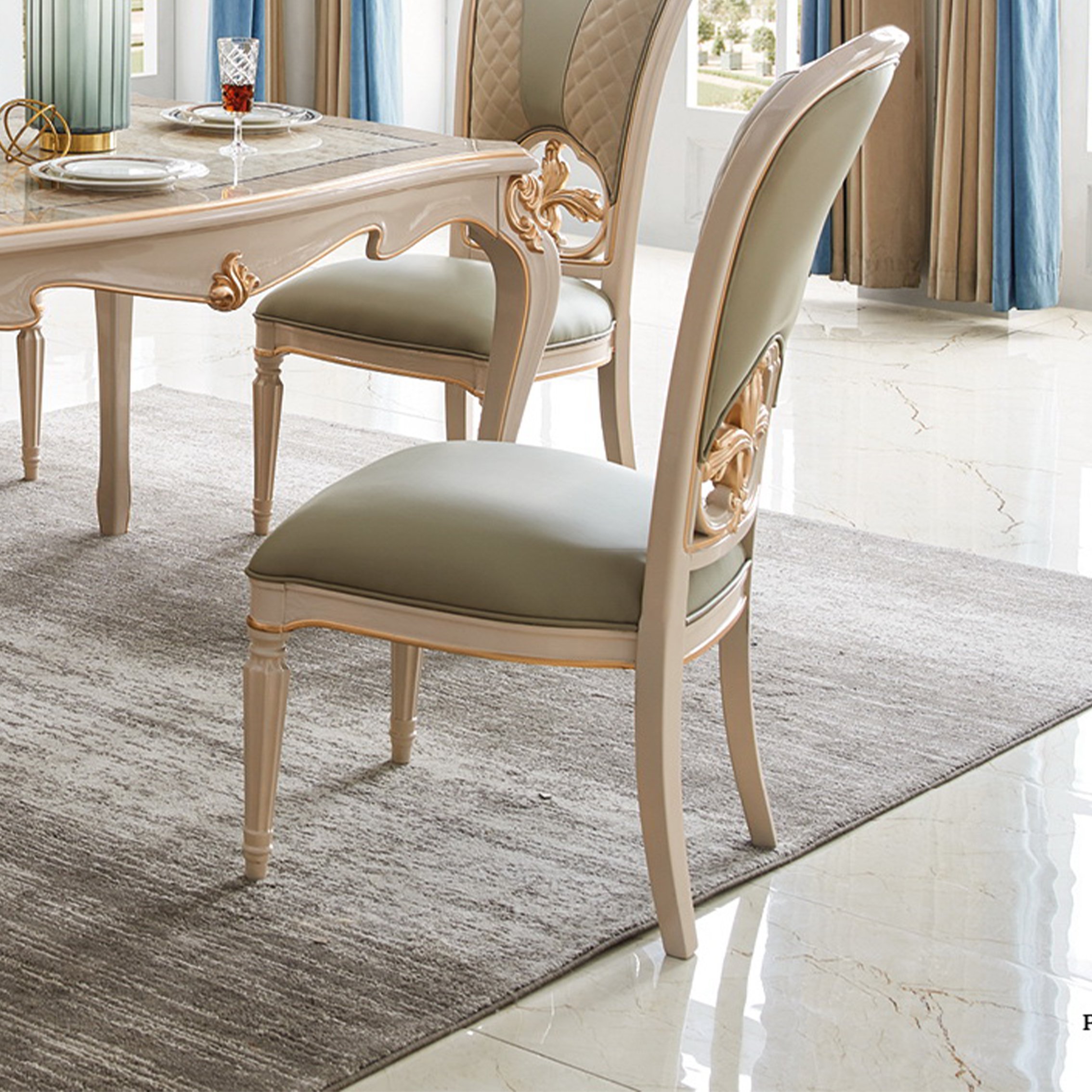 Modern new design luxury classic dining room furniture set carved solid wood marble top square dining table with 6 leather chair