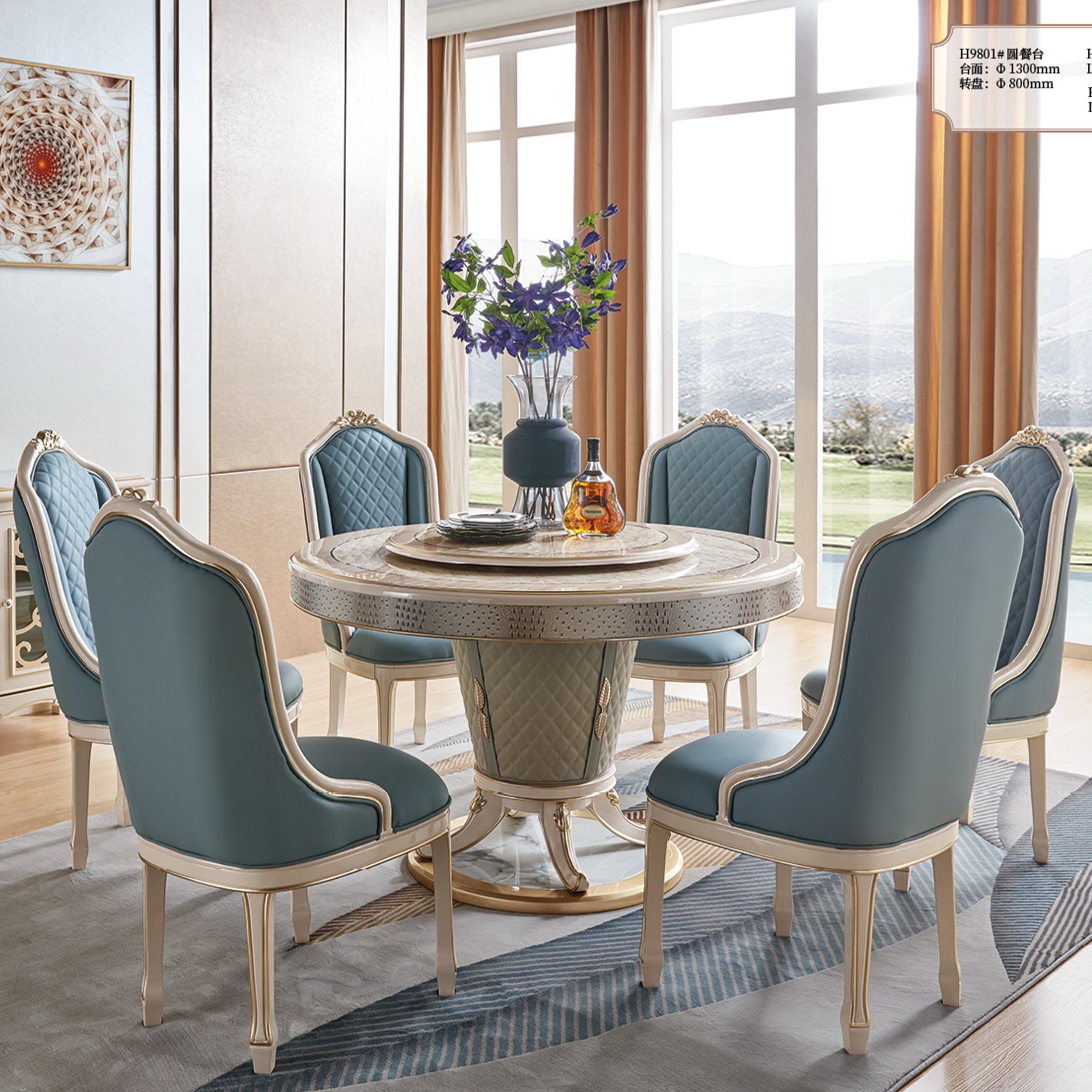 Modern new design luxury classic dining room furniture set carved solid wood marble top square dining table with 6 leather chair