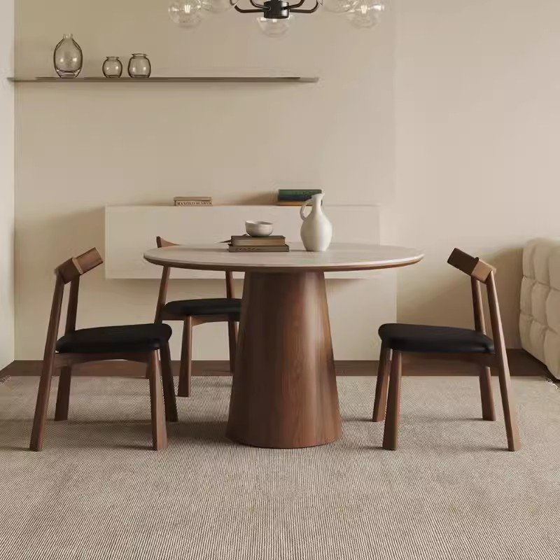 PurelyFeel Chinese style solid wood round table with turntable wabi-sabi rock plate dining table with four chairs furniture set