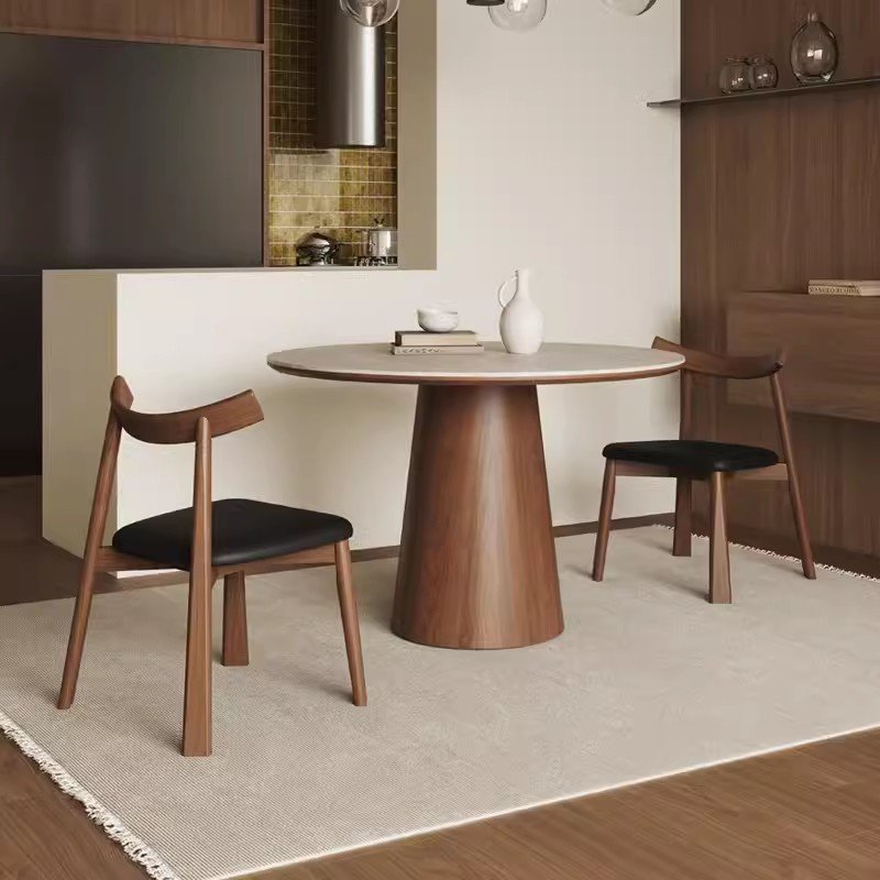 PurelyFeel Chinese style solid wood round table with turntable wabi-sabi rock plate dining table with four chairs furniture set