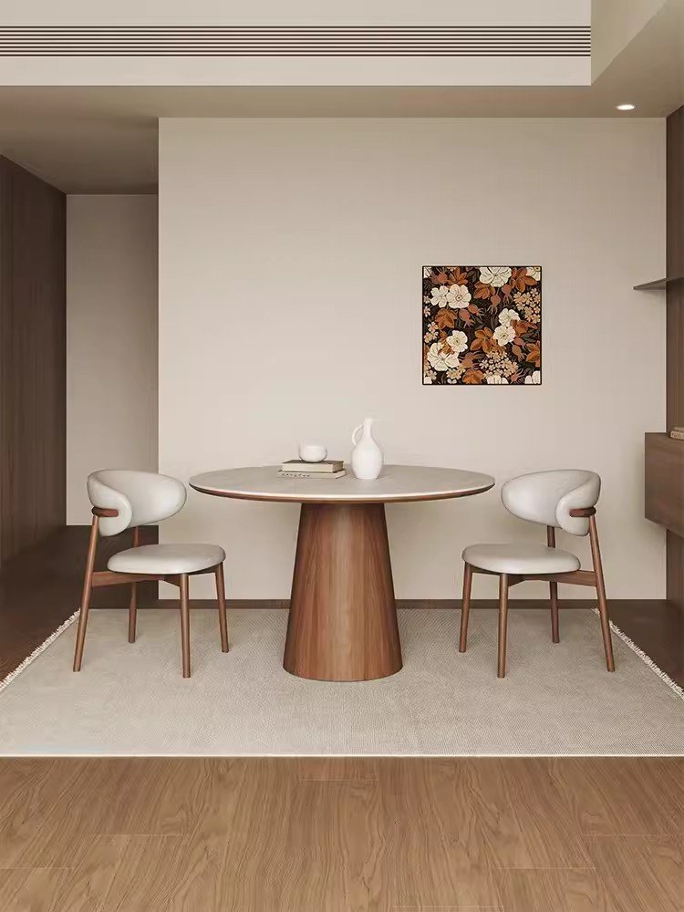 PurelyFeel Chinese style solid wood round table with turntable wabi-sabi rock plate dining table with four chairs furniture set