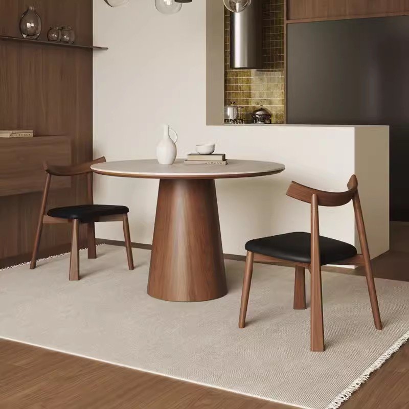 PurelyFeel Chinese style solid wood round table with turntable wabi-sabi rock plate dining table with four chairs furniture set