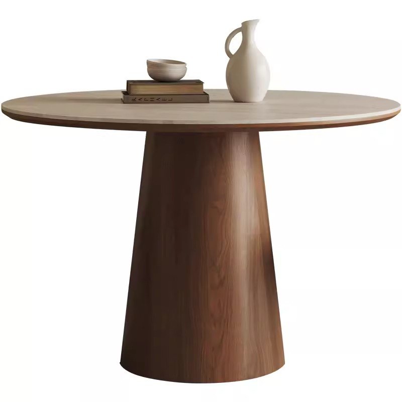 PurelyFeel Chinese style solid wood round table with turntable wabi-sabi rock plate dining table with four chairs furniture set