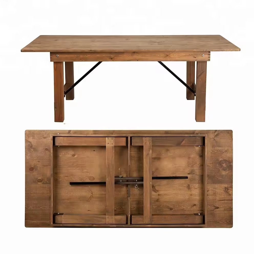 Hot sale wedding banquet dining rustic wood chairs 8ft wooden folding farm table