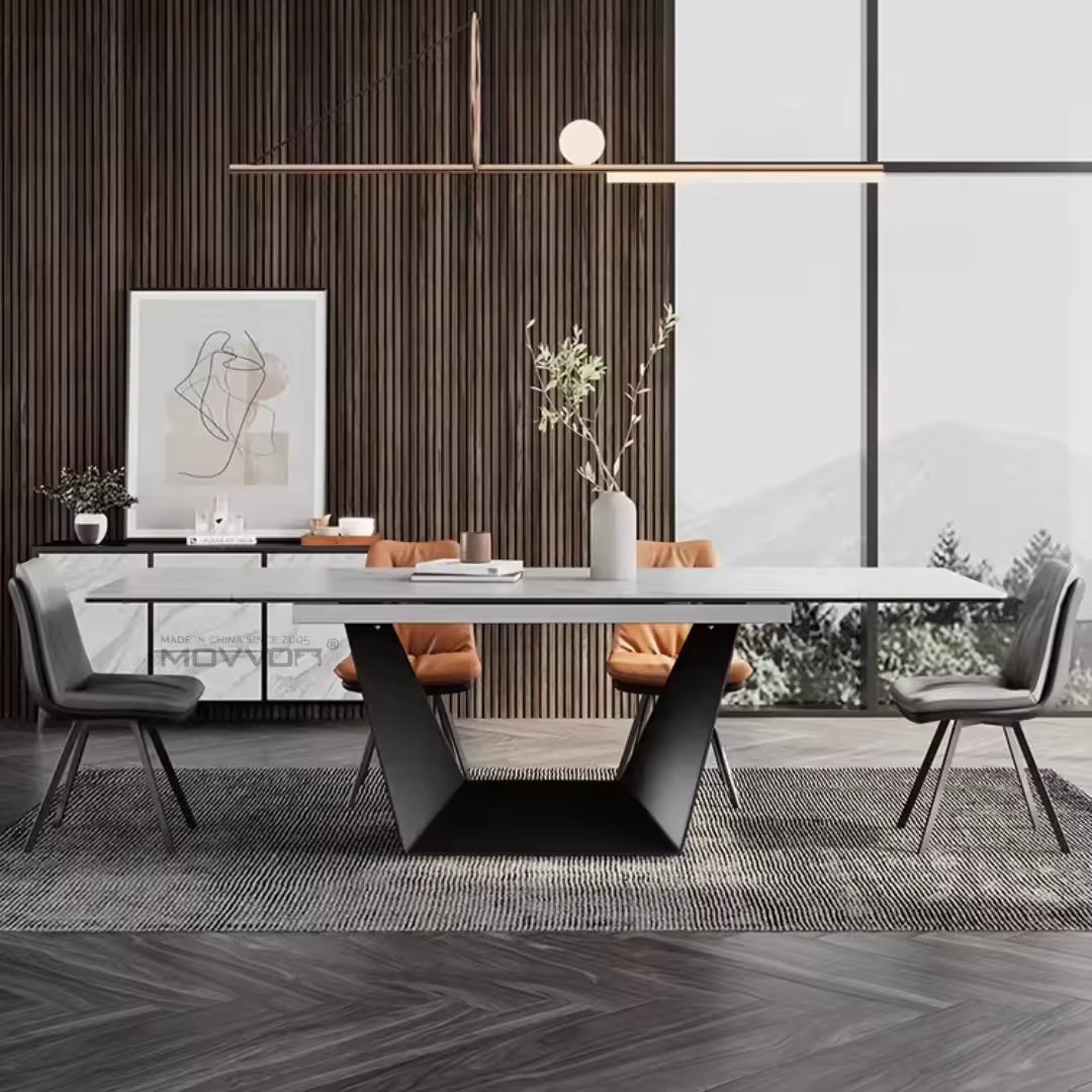 Modern luxury slate black powder coated base rectangular dining table extendable