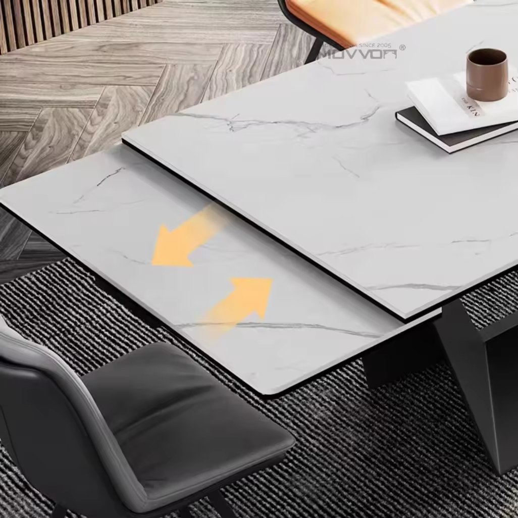 Modern luxury slate black powder coated base rectangular dining table extendable