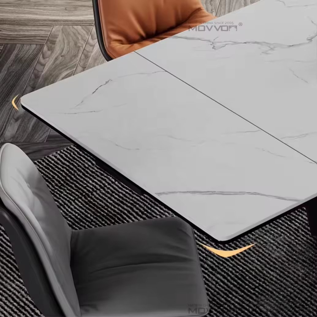 Modern luxury slate black powder coated base rectangular dining table extendable