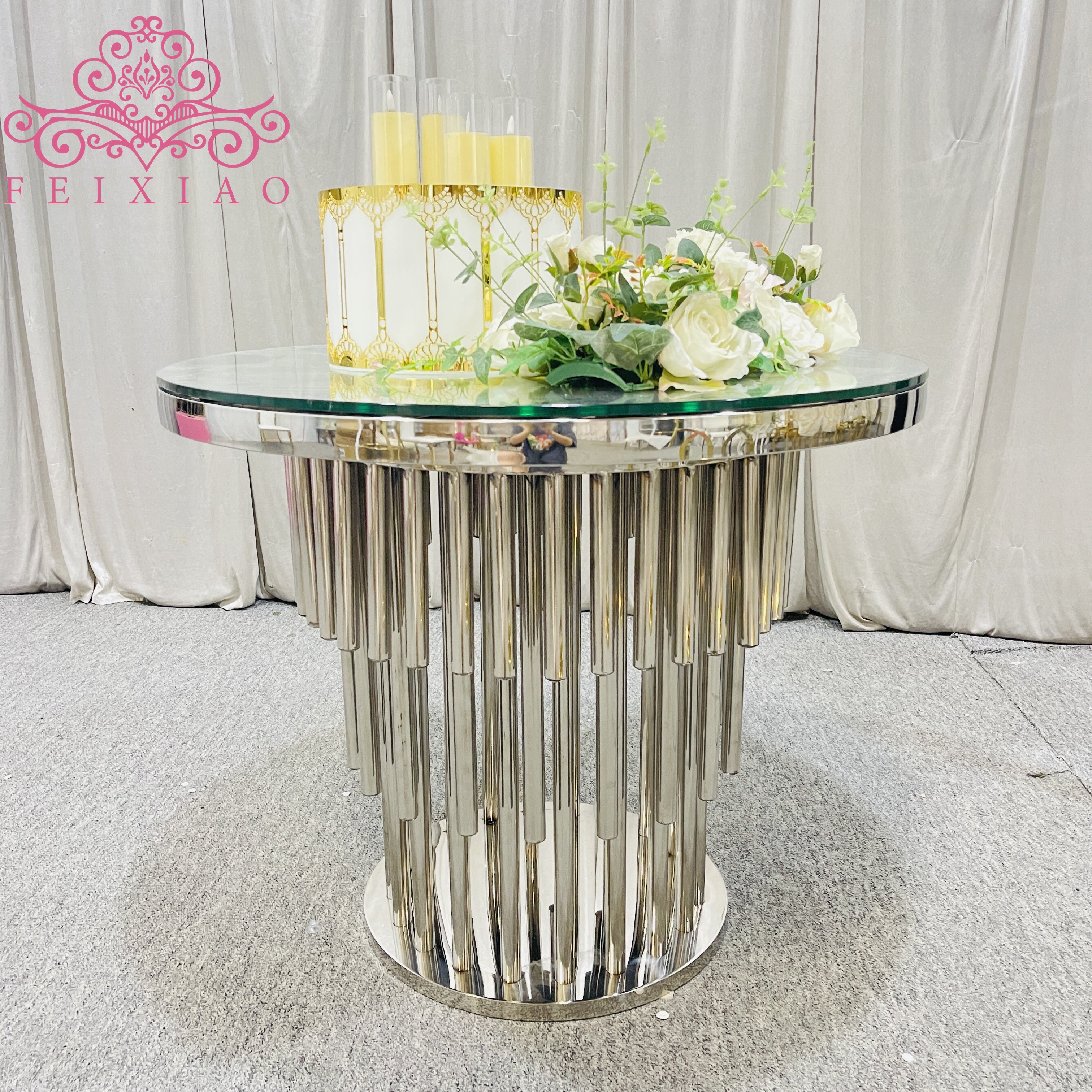 New design silver stainless steel cake table with mirror glass top for wedding decoration
