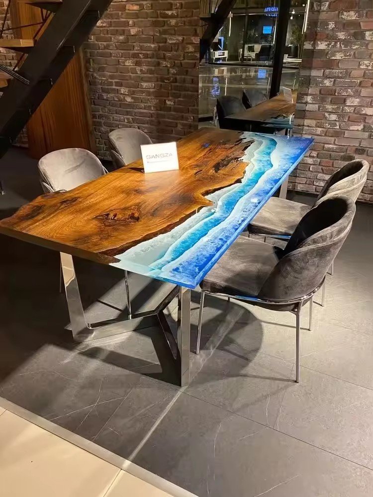 Free Logo Home Furniture Factory Direct Solid Walnut Wood Coffee Cafe Kitchen Restaurant River Epoxy Resin Slab Dining Table