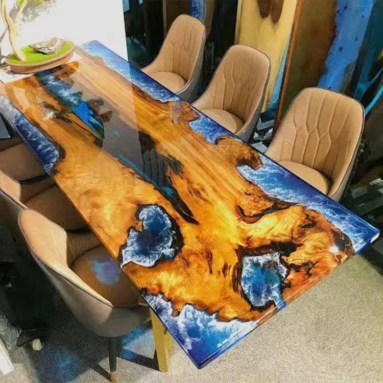 Free Logo Home Furniture Factory Direct Solid Walnut Wood Coffee Cafe Kitchen Restaurant River Epoxy Resin Slab Dining Table