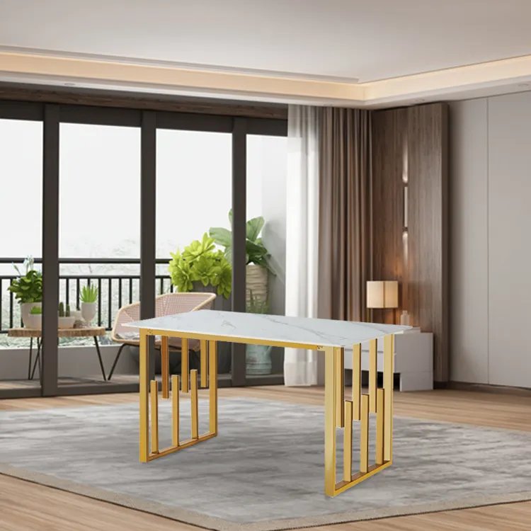 European Style Cheap White and Gold Buffet Timber Marble Top Dining Table for Dining Room