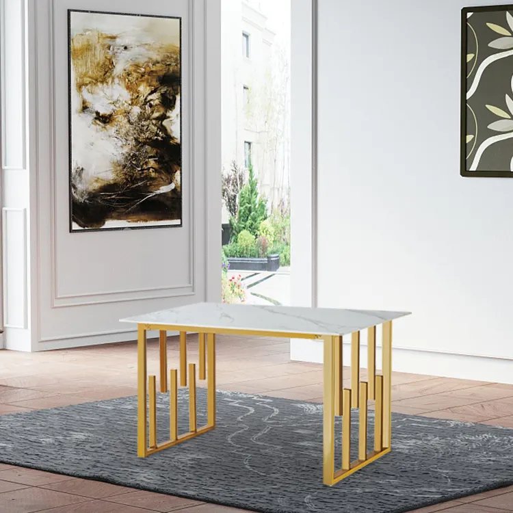 European Style Cheap White and Gold Buffet Timber Marble Top Dining Table for Dining Room